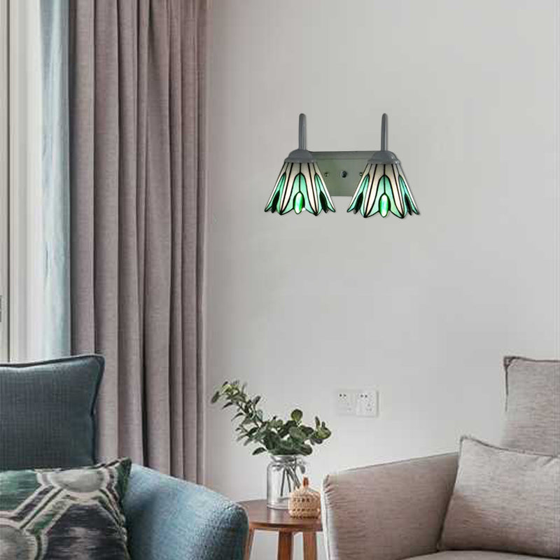 BowLift | 2 Lights Flowers Wall Mounted Light Tiffany Green Glass Wall Lamp for Living Room