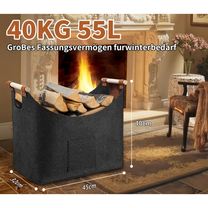BowLift | Feldura Foldable Felt Wood Holder 55 liters with Wooden Handles and Leather Accents, Dark Gray