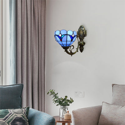 BowLift | Foyer Bowl Shade Wall Lamp Tempered Glass 1 Main Tiffany Wall Lamp in Blue Finish