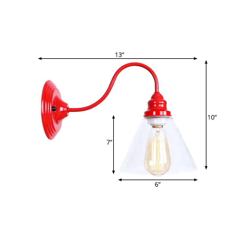 BowLift | A bulb wall lamp with a cone shade made of clear glass, industrial bedroom wall light in red
