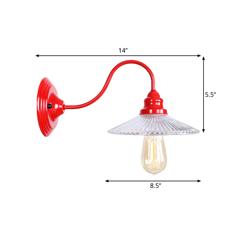 BowLift | Cone Clear Ribbed Glass Wall Lamp Industrial Single Bulb Bedroom Wall Light in Red