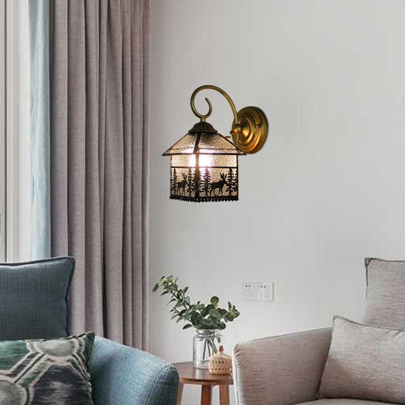 BowLift | Rustic Style Lodge Wall Lamp with Deer 1 Socket Glass Clear Wall Lamp in Brass for Dining Room