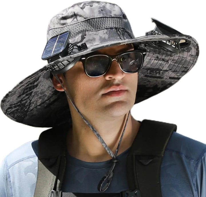Solar Powered Fan Sun Hat | Wide Brim UV Shade + Instant Cooling Airflow | No Batteries Needed | Outdoor Work, Hiking & Fishing | Black/Camo | Bowlift