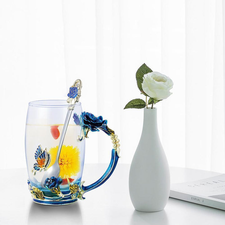 Enamel Rose Glass Tea Cup Set (With Spoon) | Bowlift