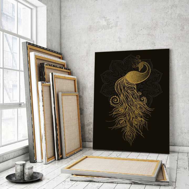 Abstract Golden Mandala Peacock - Canvas Wall Art Painting | Bowlift