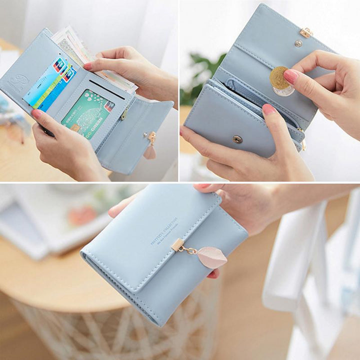 Short wallet with three folds and leaf decor | Bowlift
