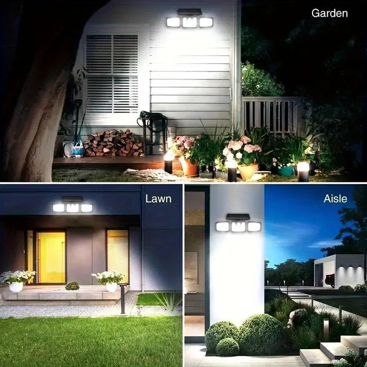 BowLift | Solar LED floodlight with motion sensor – 3-beam outdoor lighting for garden, yard, and garage