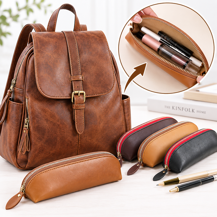 Slim Genuine Leather Zippered Pen Pouch Bowlift