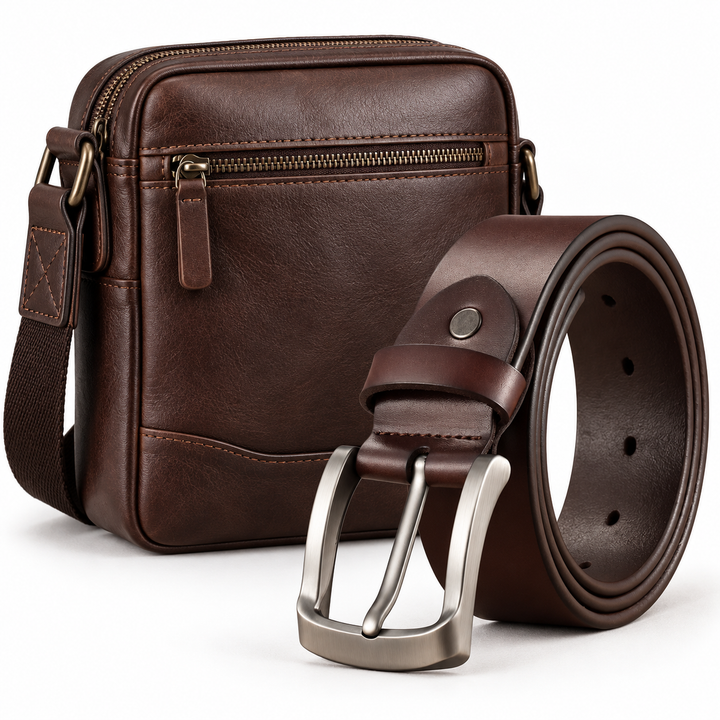 Classic Full-Grain Leather Dress & Casual Belt with Brushed Metal Buckle Bowlift