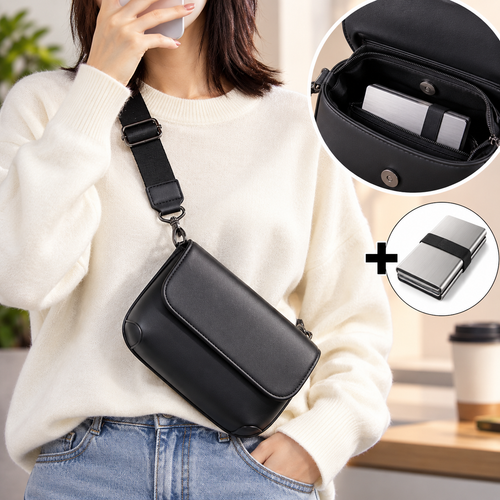 Compact Leather Sling Crossbody Bag with Adjustable Strap and Magnetic Flap Bowlift