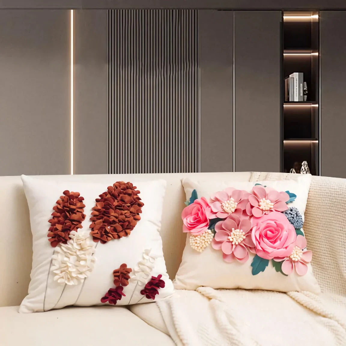 BowLift | Elegant French Rose Patchwork Cushion Cover – 3D Floral Design, Decorative