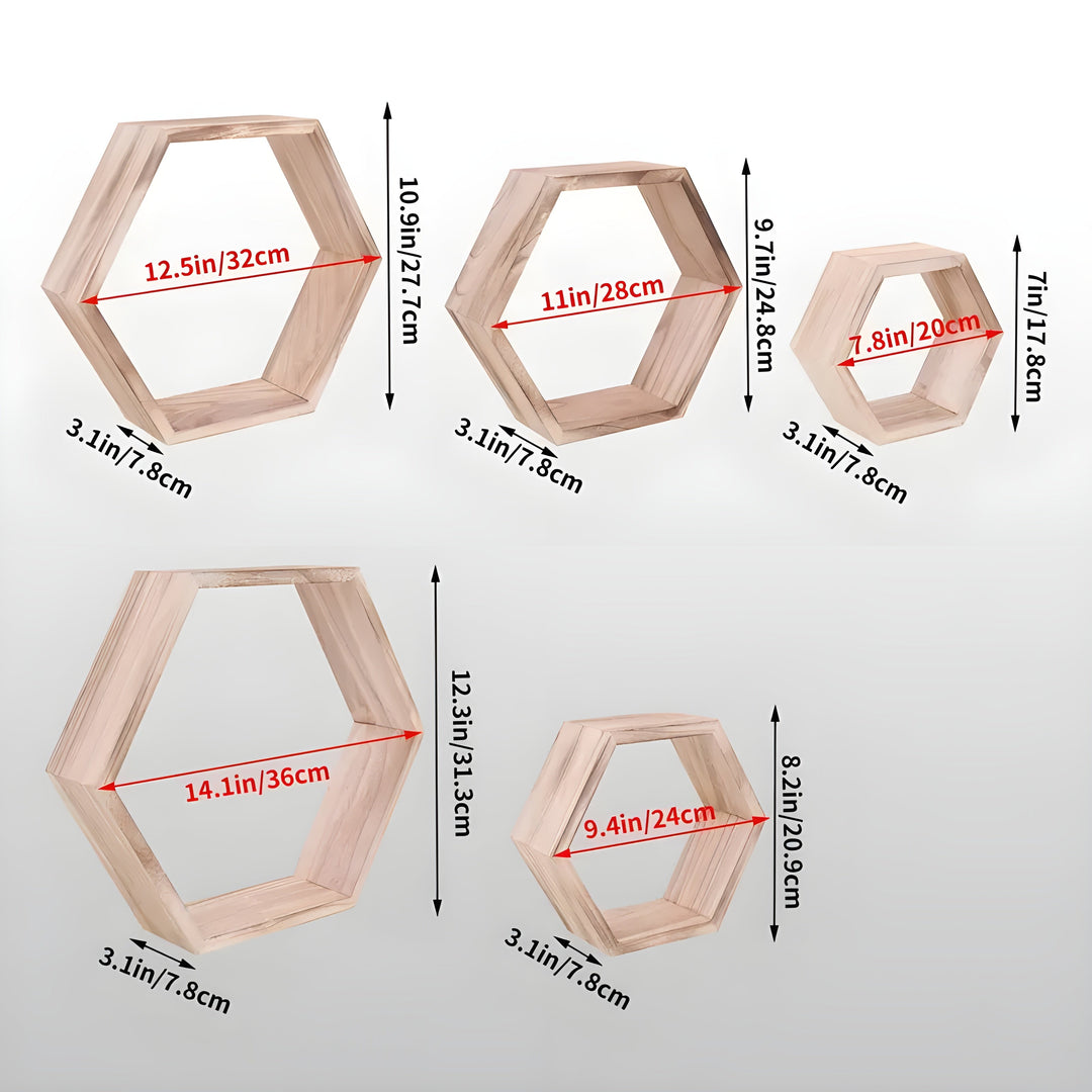 BowLift | Wall shelf set HexaWood | 5-piece | Hexagon design | Rustic wood look