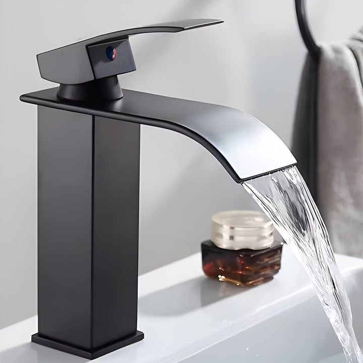 Sink faucet made of stainless steel – waterfall spout with hot and cold water | single hole mixer tap in Bowliftack for bathroom | Bowlift