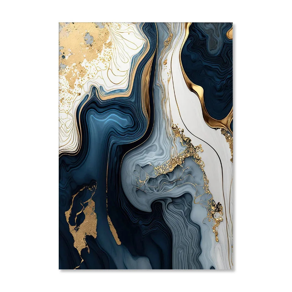 Deep Oceanic Blue Golden Marble Print Wall Art Fine Art Canvas Prints Posters Pictures For Living Room Dining Room Light Luxury Home Decor | Bowlift