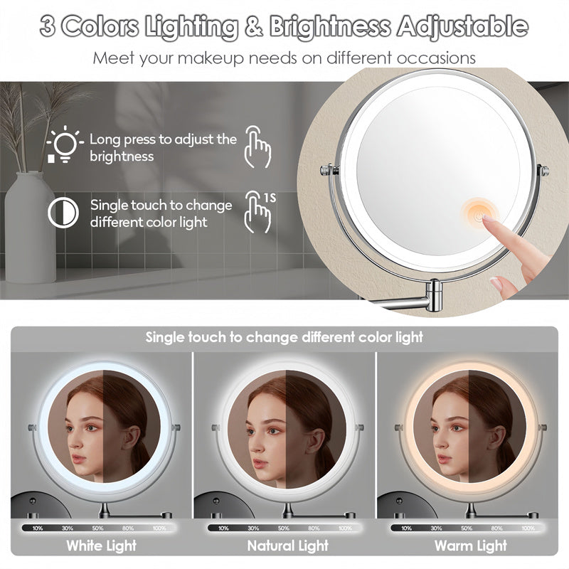 BowLift | Rechargeable Wall Mounted Shaving Mirror | 360° Rotation. 1X/10X Magnification & Adjustable LED Lighting for Bathroom Use