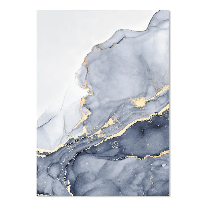 Shades of Blue Abstract Liquid Marble Wall Art Fine Art Canvas Print With Golden Accents Pictures For Living Room Contemporary Bedroom Art Decor | Bowlift