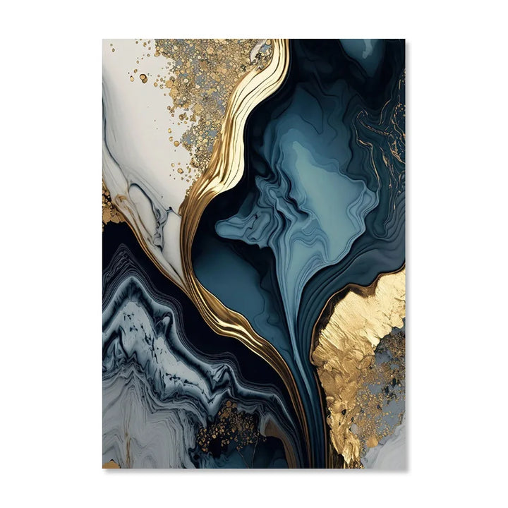 Deep Oceanic Blue Golden Marble Print Wall Art Fine Art Canvas Prints Posters Pictures For Living Room Dining Room Light Luxury Home Decor | Bowlift