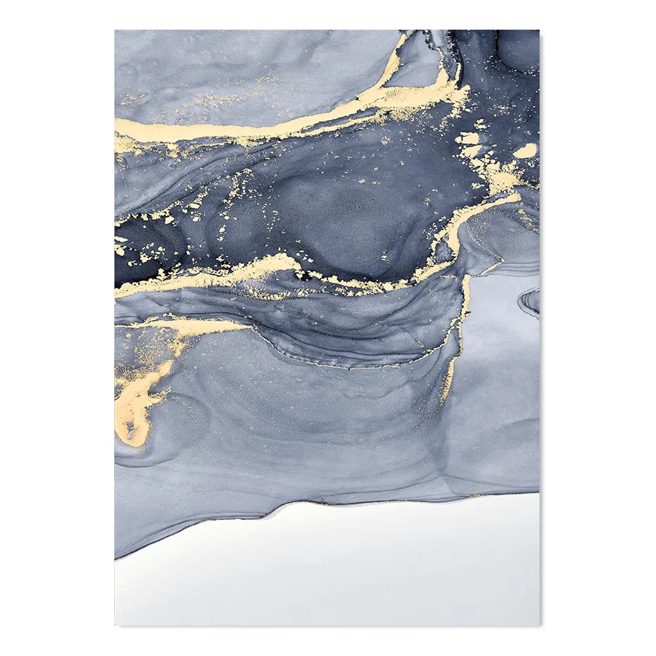 Shades of Blue Abstract Liquid Marble Wall Art Fine Art Canvas Print With Golden Accents Pictures For Living Room Contemporary Bedroom Art Decor | Bowlift