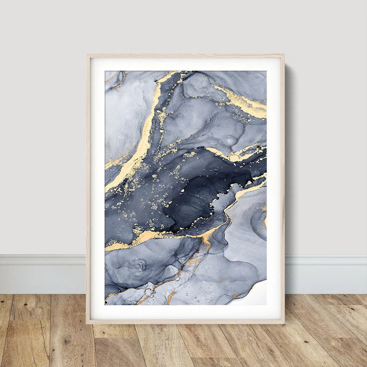 Shades of Blue Abstract Liquid Marble Wall Art Fine Art Canvas Print With Golden Accents Pictures For Living Room Contemporary Bedroom Art Decor | Bowlift