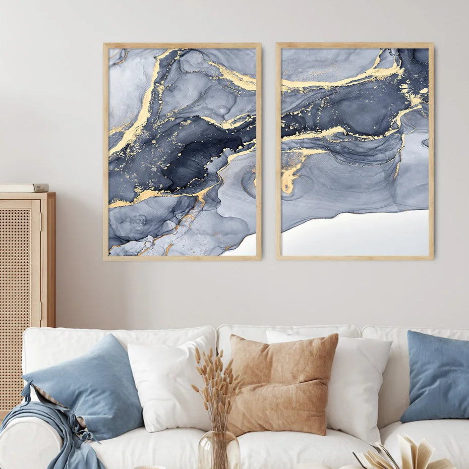 Shades of Blue Abstract Liquid Marble Wall Art Fine Art Canvas Print With Golden Accents Pictures For Living Room Contemporary Bedroom Art Decor | Bowlift