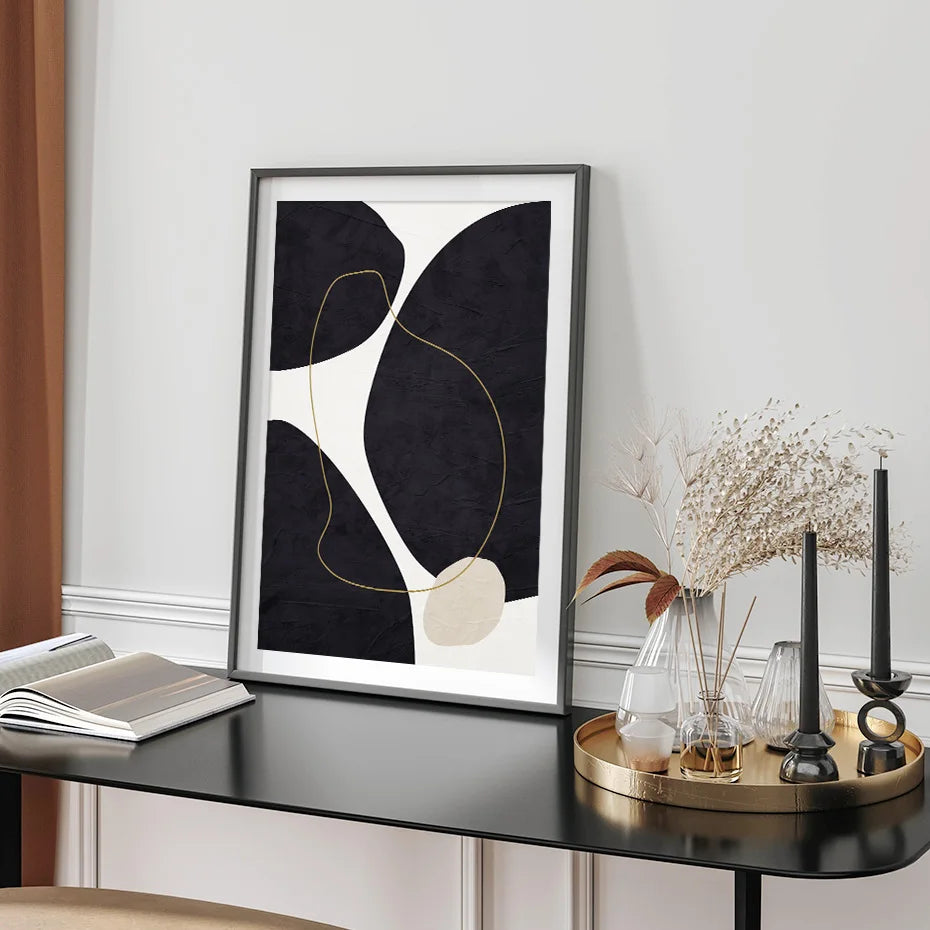 Nordic Minimalist Abstract Beige Black Shape &amp; Line Wall Art Fine Art Canvas Prints Pictures For Modern Living Room Bedroom Art Decor | Bowlift
