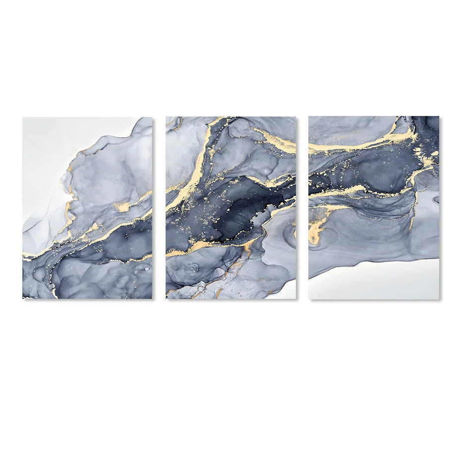 Shades of Blue Abstract Liquid Marble Wall Art Fine Art Canvas Print With Golden Accents Pictures For Living Room Contemporary Bedroom Art Decor | Bowlift