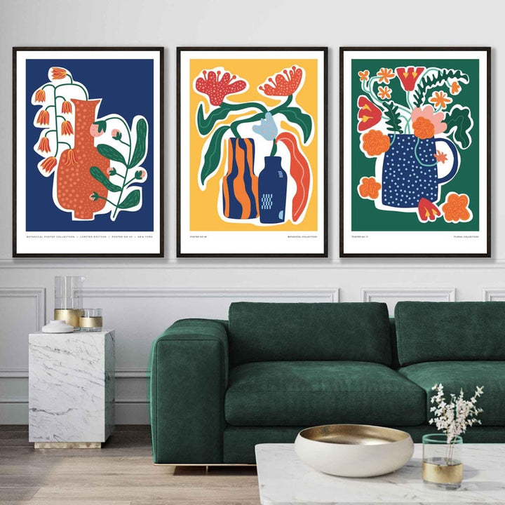 Artisan Colored Botanical Set of 3 Posters in Blue, Yellow and Green | Bowlift