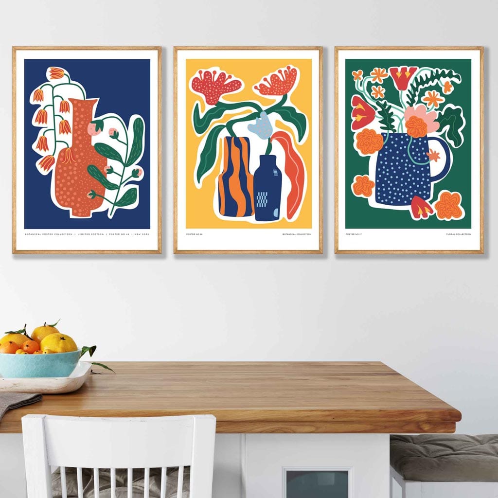 Artisan Colored Botanical Set of 3 Posters in Blue, Yellow and Green | Bowlift