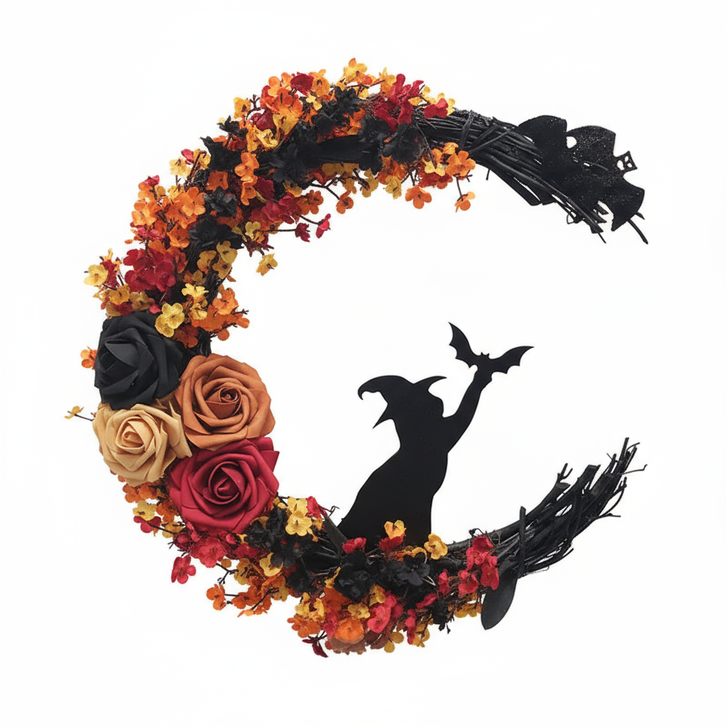 BowLift | Gothic Door Wreath with Witch Cat | Halloween Decoration