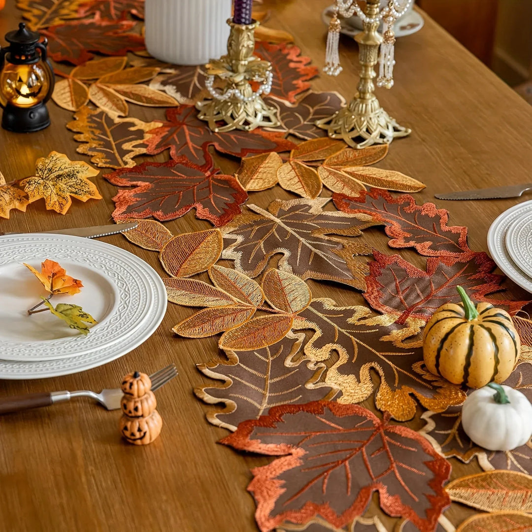 BowLift | HarvestLeaf Table Runner | Embroidered Maple Leaf Design | Autumn Decor in Country Style