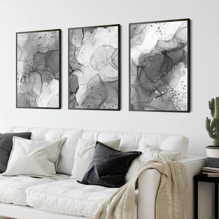 Modern Gray Liquid Marble Print Wall Art Fine Art Canvas Prints Abstract Black White Poster Pictures For Living Room Home Office Art Decor | Bowlift