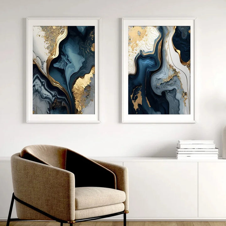 Deep Oceanic Blue Golden Marble Print Wall Art Fine Art Canvas Prints Posters Pictures For Living Room Dining Room Light Luxury Home Decor | Bowlift
