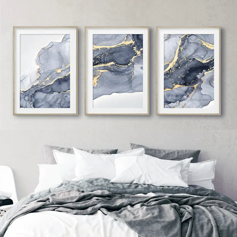 Shades of Blue Abstract Liquid Marble Wall Art Fine Art Canvas Print With Golden Accents Pictures For Living Room Contemporary Bedroom Art Decor | Bowlift