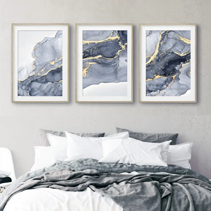Shades of Blue Abstract Liquid Marble Wall Art Fine Art Canvas Print With Golden Accents Pictures For Living Room Contemporary Bedroom Art Decor | Bowlift