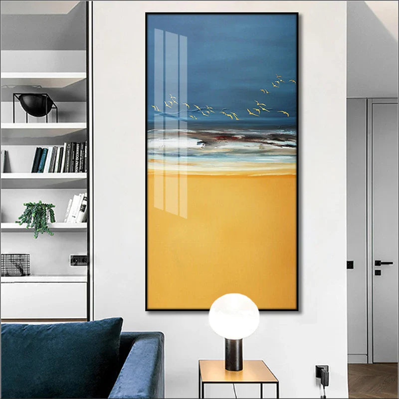 Abstract Beach Scene Canvas Print Sea Sand Landscape Wall Art Golden Sand Gentle Waves & Dynamic Sky with Birds | Bowlift