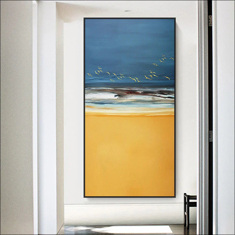 Abstract Beach Scene Canvas Print Sea Sand Landscape Wall Art Golden Sand Gentle Waves & Dynamic Sky with Birds | Bowlift