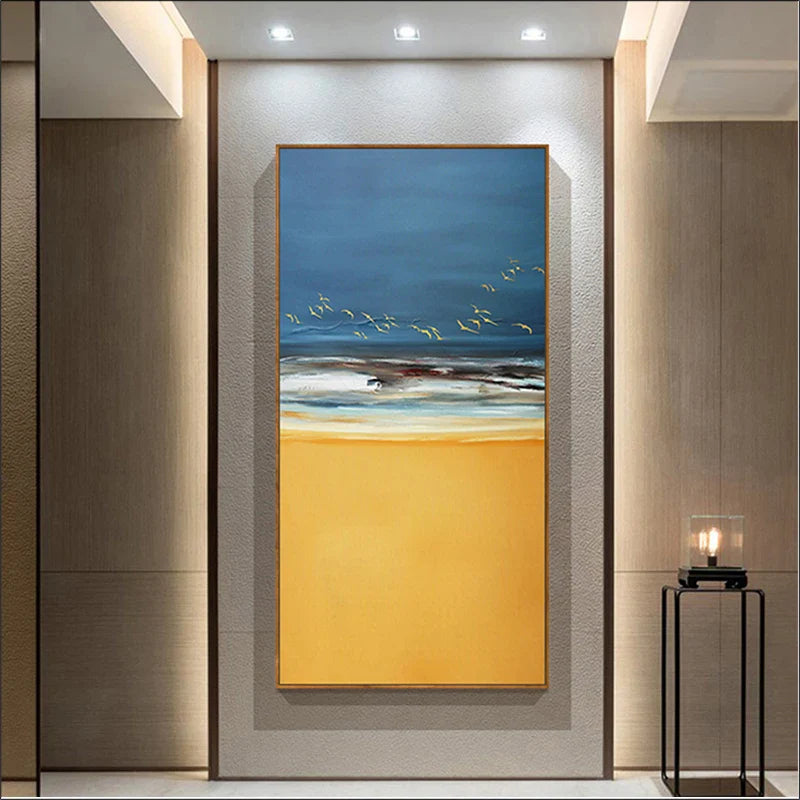 Abstract Beach Scene Canvas Print Sea Sand Landscape Wall Art Golden Sand Gentle Waves & Dynamic Sky with Birds | Bowlift