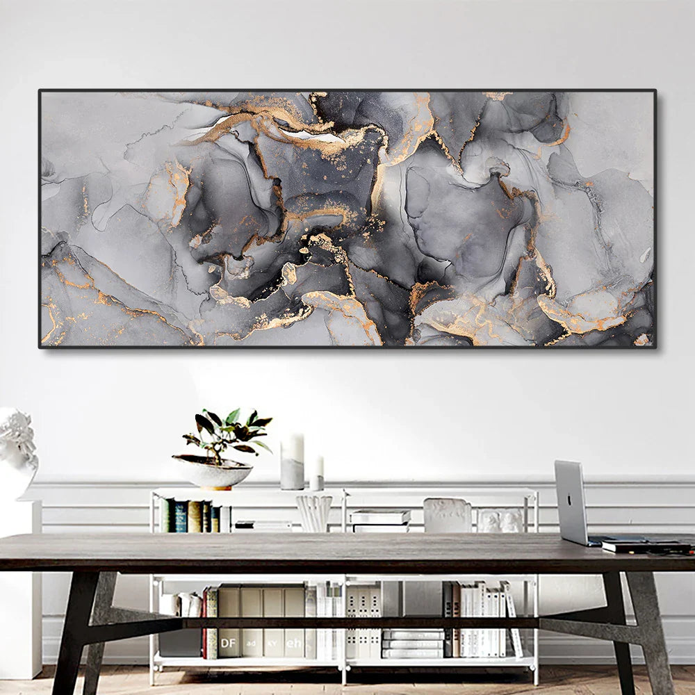 Abstract Grey Golden Liquid Marble Print Wall Art Fine Art Canvas Prints Wide Format Pictures For Above The Sofa Art For Above The Bed | Bowlift