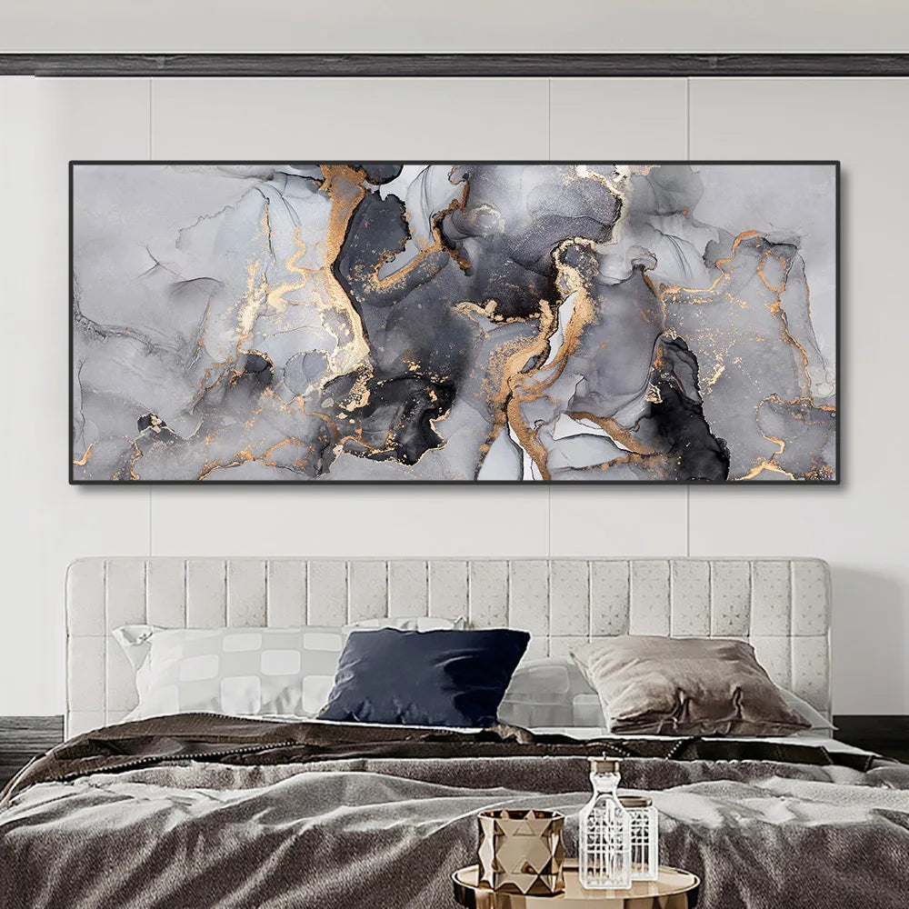 Abstract Grey Golden Liquid Marble Print Wall Art Fine Art Canvas Prints Wide Format Pictures For Above The Sofa Art For Above The Bed | Bowlift