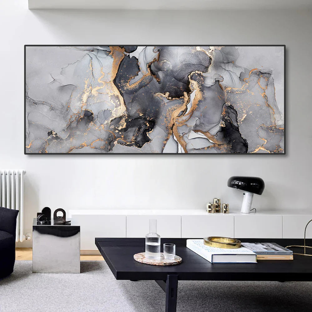 Abstract Grey Golden Liquid Marble Print Wall Art Fine Art Canvas Prints Wide Format Pictures For Above The Sofa Art For Above The Bed | Bowlift