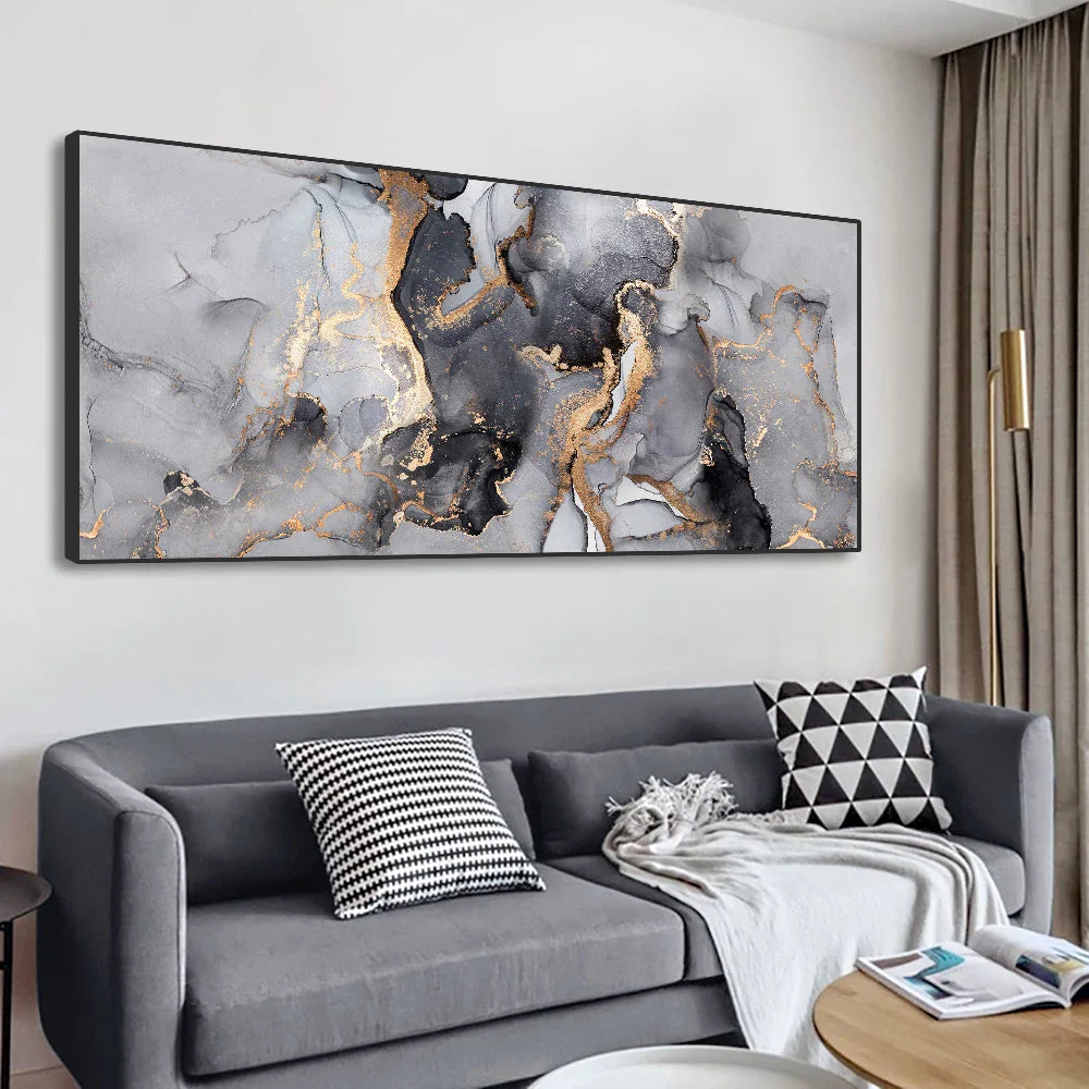 Abstract Grey Golden Liquid Marble Print Wall Art Fine Art Canvas Prints Wide Format Pictures For Above The Sofa Art For Above The Bed | Bowlift