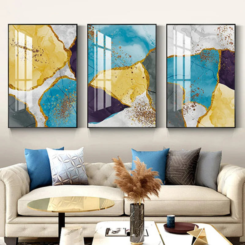 Abstract Blue Yellow Gray Marble Print Wall Art Fine Art Canvas Prints Pictures For Modern Apartment Living Room Home Office Art Decor | Bowlift