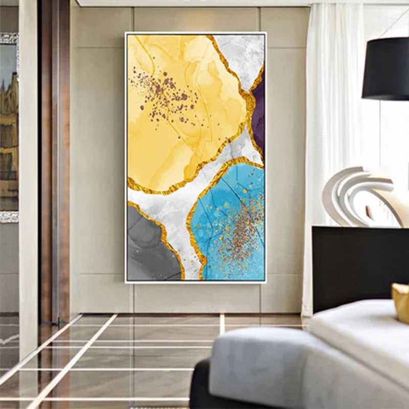 Abstract Blue Yellow Gray Marble Print Wall Art Fine Art Canvas Prints Pictures For Modern Apartment Living Room Home Office Art Decor | Bowlift