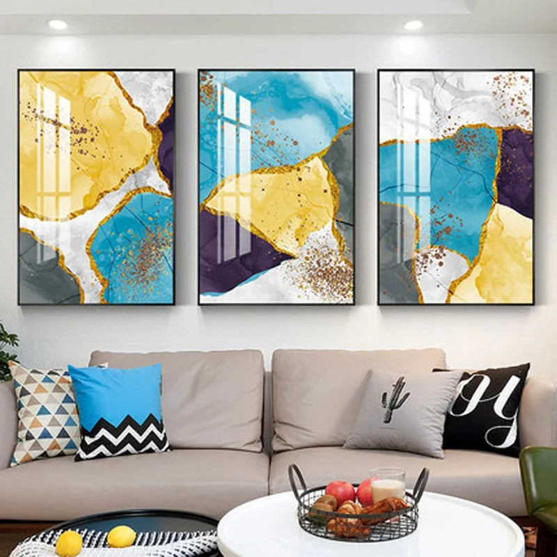 Abstract Blue Yellow Gray Marble Print Wall Art Fine Art Canvas Prints Pictures For Modern Apartment Living Room Home Office Art Decor | Bowlift