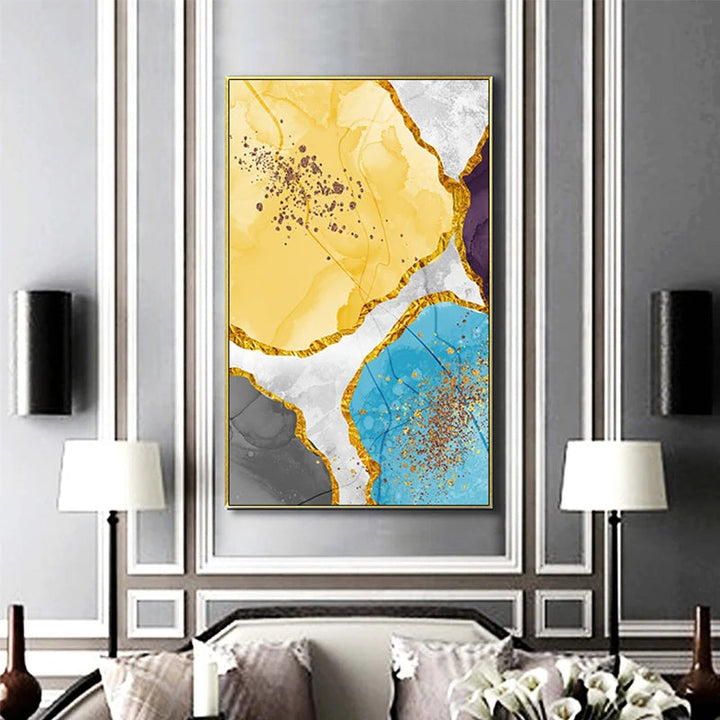 Abstract Blue Yellow Gray Marble Print Wall Art Fine Art Canvas Prints Pictures For Modern Apartment Living Room Home Office Art Decor | Bowlift