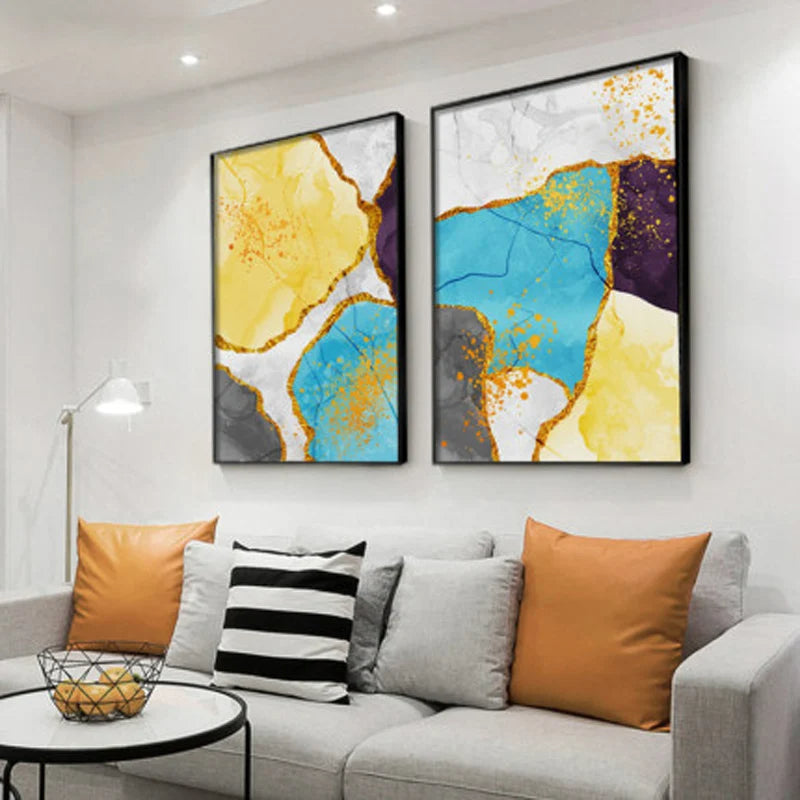 Abstract Blue Yellow Gray Marble Print Wall Art Fine Art Canvas Prints Pictures For Modern Apartment Living Room Home Office Art Decor | Bowlift