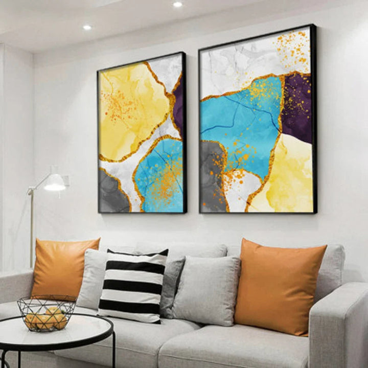 Abstract Blue Yellow Gray Marble Print Wall Art Fine Art Canvas Prints Pictures For Modern Apartment Living Room Home Office Art Decor | Bowlift