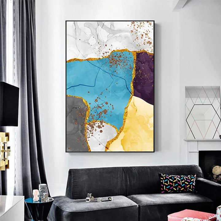 Abstract Blue Yellow Gray Marble Print Wall Art Fine Art Canvas Prints Pictures For Modern Apartment Living Room Home Office Art Decor | Bowlift