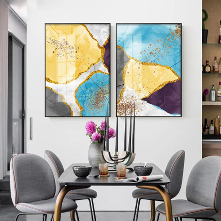 Abstract Blue Yellow Gray Marble Print Wall Art Fine Art Canvas Prints Pictures For Modern Apartment Living Room Home Office Art Decor | Bowlift