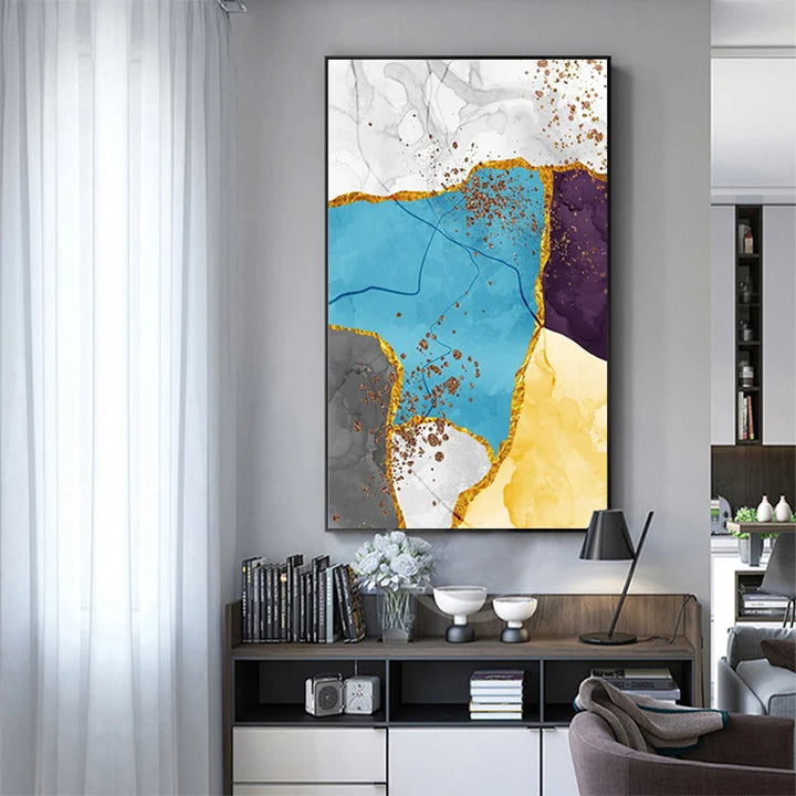 Abstract Blue Yellow Gray Marble Print Wall Art Fine Art Canvas Prints Pictures For Modern Apartment Living Room Home Office Art Decor | Bowlift